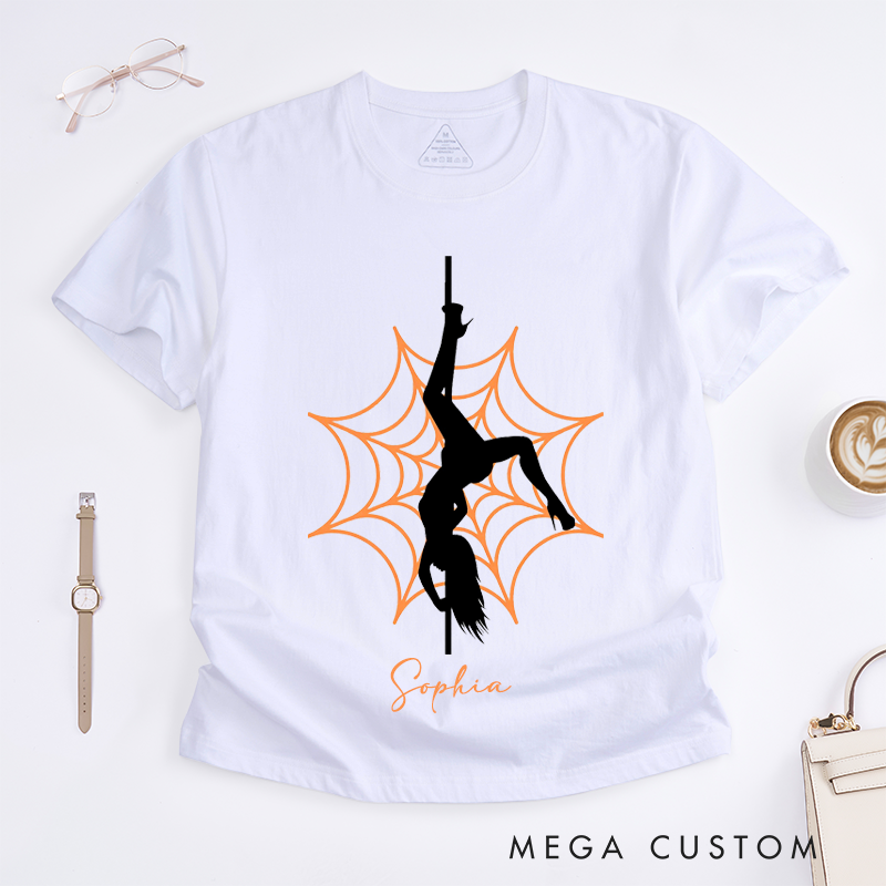 Personalized Pole Dance Spider Web Silhouette Women T-Shirts Unique Gift for Dancer Fitness Lover Halloween Themed Custom Tee