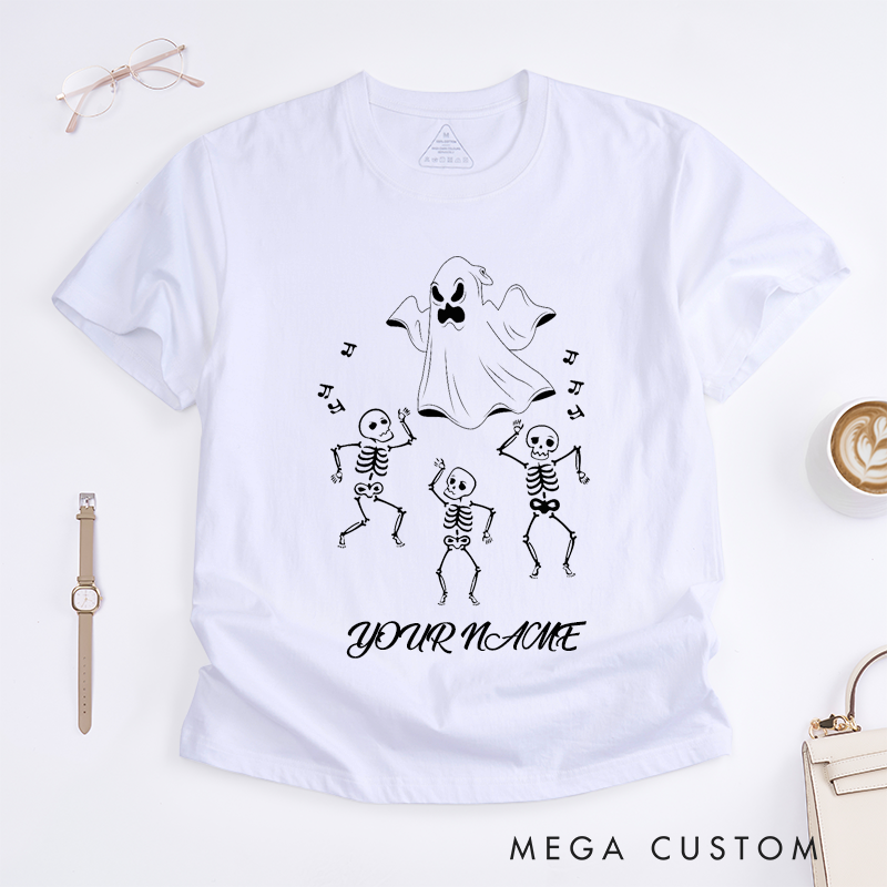 Personalized Dancing Skeletons and Ghost T-Shirt Cute Spooky Halloween Gift for Women Fun Custom Name Night Unique Skull Design Present