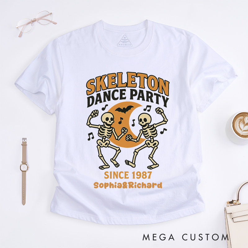 Personalized Skeleton Dance T-Shirts Custom Name Halloween Skeleton Graphic Tee Unique Dancing Skeletons Gift for Men Women Friends