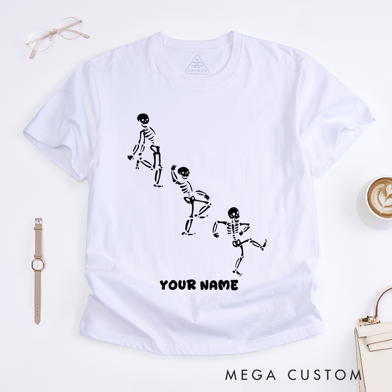 Personalized Dancing Skeleton T-Shirts Funny Skeleton Dance Custom Name Gift for Men Unique Spooky Dancing Bones Tee for Him Present