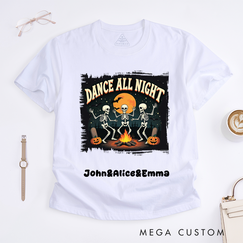 Personalized Skeleton Dance All Night Halloween T-Shirts Unisex Spooky Campfire Pumpkin Gift Custom Name Shirt for Men Women Halloween Lovers