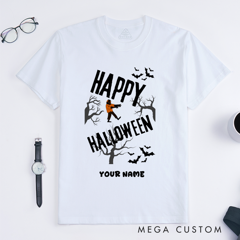 Personalized Happy Dance Zombie T-Shirts Custom Name Spooky Gift for Men Unique Halloween Tee Scary Walking Dead Design for Husband Son Friend