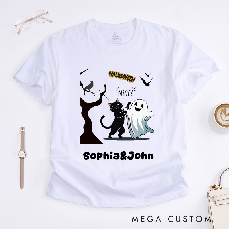 Personalized Halloween Black Cat and Ghost Cute Unisex T-Shirts Spooky Cartoon Animal Lovers Unique Custom Name Gift for Friends Family