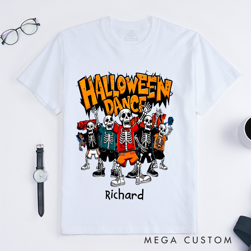 Personalized Halloween Dance Skeleton T-Shirts Custom Name Funny Skeleton Gift for Men Boys Unique Halloween Youth Graphic Tee