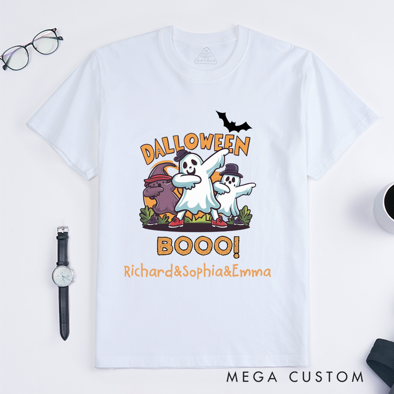 Personalized Halloween Ghost Dance T-Shirts Custom Name Unisex Cute Cartoon Ghosts Dabbing Spooky Gift for Teens Boys Girls Funny Halloween