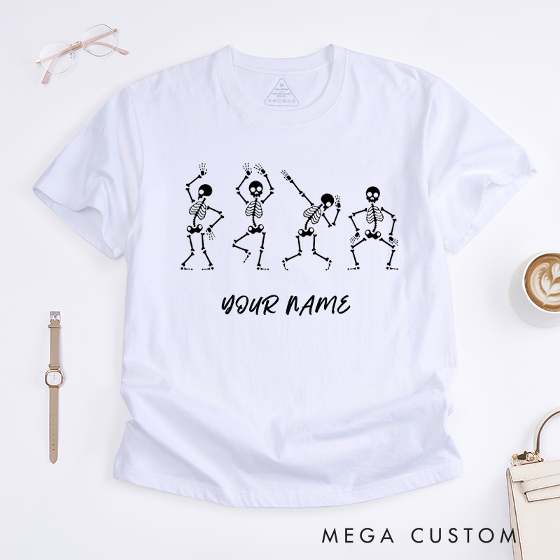 Personalized Dancing Skeleton T-Shirts Custom Name Funny Halloween Gift for Men Unique Skeleton Print Tee for Friends