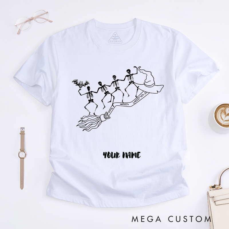 Personalized Skeletons Riding Broomstick Halloween T-Shirts Custom Name Witch Hat Gift for Him Dancing Skeleton Crew Unique Spooky Tee for Men