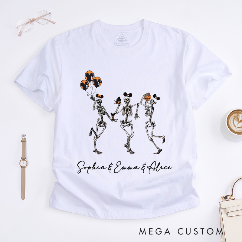 Personalized Skeleton Halloween T-Shirts Cute Funny Skeleton Graphic Tee Gift for Women Spooky Custom Name Halloween Shirt