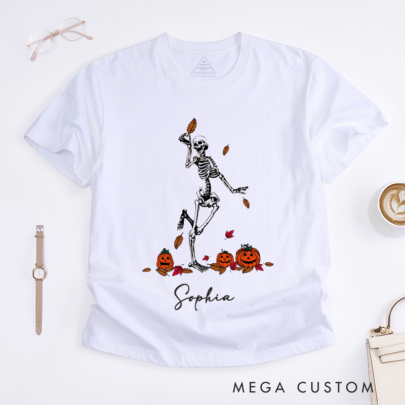 Personalized Halloween Skeleton Dancing Pumpkin T-Shirts Fall Leaves Cute pooky Outfit Custom Name Gift for Women