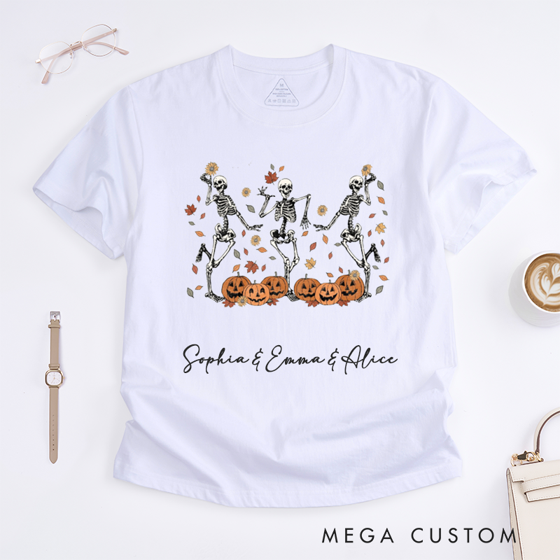 Personalized Halloween Dancing Skeletons T-Shirts Gift for Women Fall Pumpkin Autumn Leaves Graphic Custom Name Spooky Apparel for Friends