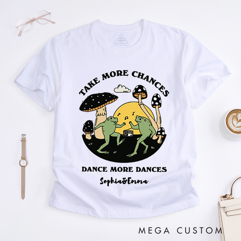 Personalized Dancing Frog T-Shirts Custom Name Cute Mushroom Art Inspirational Graphic Tee Unique Gift for Women Friends Positive Motivation Shirt