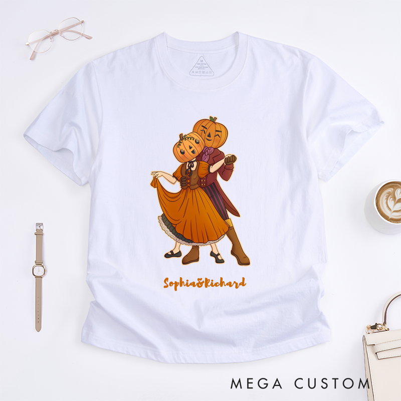 Personalized Pumpkin Couple Dancing T-Shirts Halloween Retro Style Unisex Fall Gift Autumn Lovers Unique Present for Him Her Friends