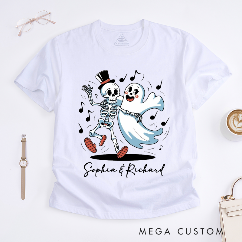 Personalized Dancing Skeleton and Cute Ghost Unisex T-Shirts Halloween Gift Custom Name Spooky Present for Friends Family Lovers Unique Costume