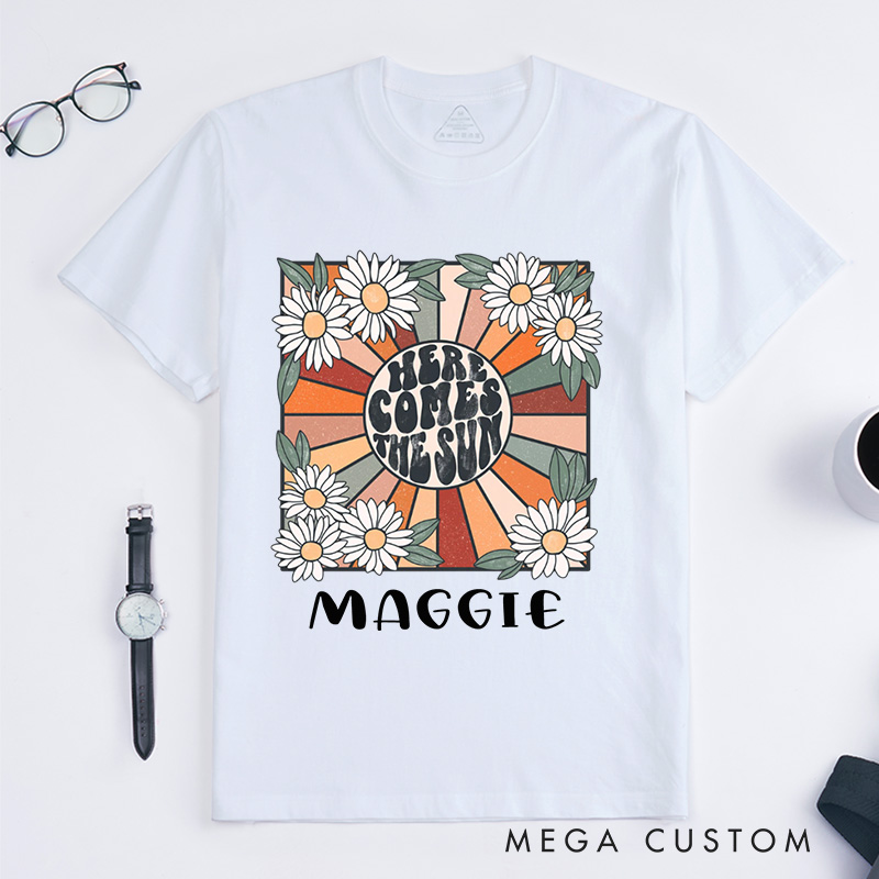 Personalized Here Comes the Sun Classic T-Shirts for Women Travel Beach Vacation T-Shirt Sunshine Tee Beatles Retro Shirts Motivational Shirt Gift