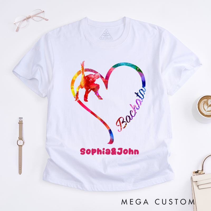 Personalized Bachata Dance Heart T-Shirts Custom Name Colorful Dancer Gift for Bachata Lovers Unique Latin Dancewear for Men and Women