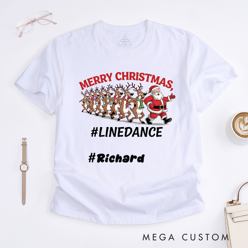 Personalized Christmas Reindeer Line Dance T-Shirts Gift Unisex Funny Santa Custom Name Xmas Present for Family Friends