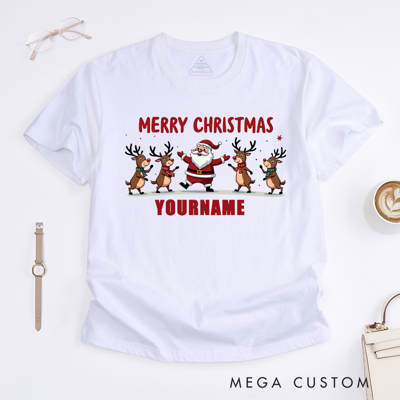 Personalized Merry Christmas Santa Claus Line Dance T-Shirts Custom Name Reindeer Graphic Tee Unique Gift for Women Christmas Family