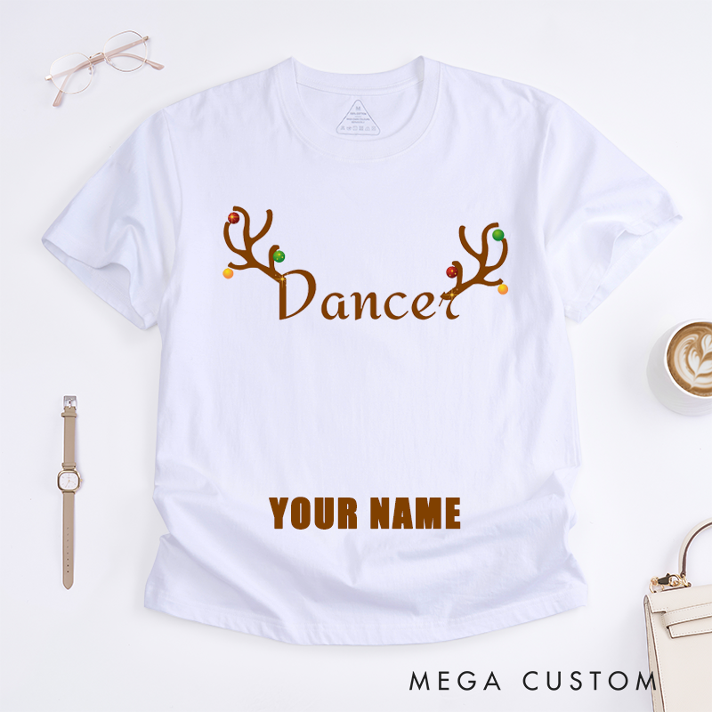 Personalized Reindeer Dancer Christmas Antlers Custom Name Gift T-Shirts Unique Women Top Funny Xmas Present for Her Family Matching Outfit