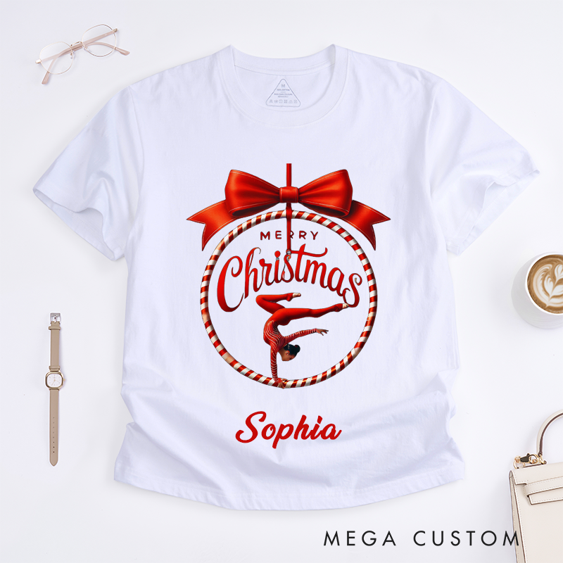 Personalized Merry Christmas Dance Candy Cane Ornament Gift T-Shirts Custom Name Red Bow Present for Women Girls Family