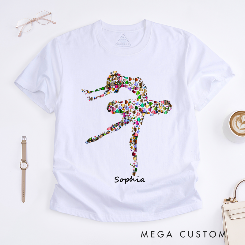 Personalized Ballet Dancer Heart Pattern T-Shirts Custom Name Colorful Artistic Dance Lover Gift for Women Unique Artistic Ballerina