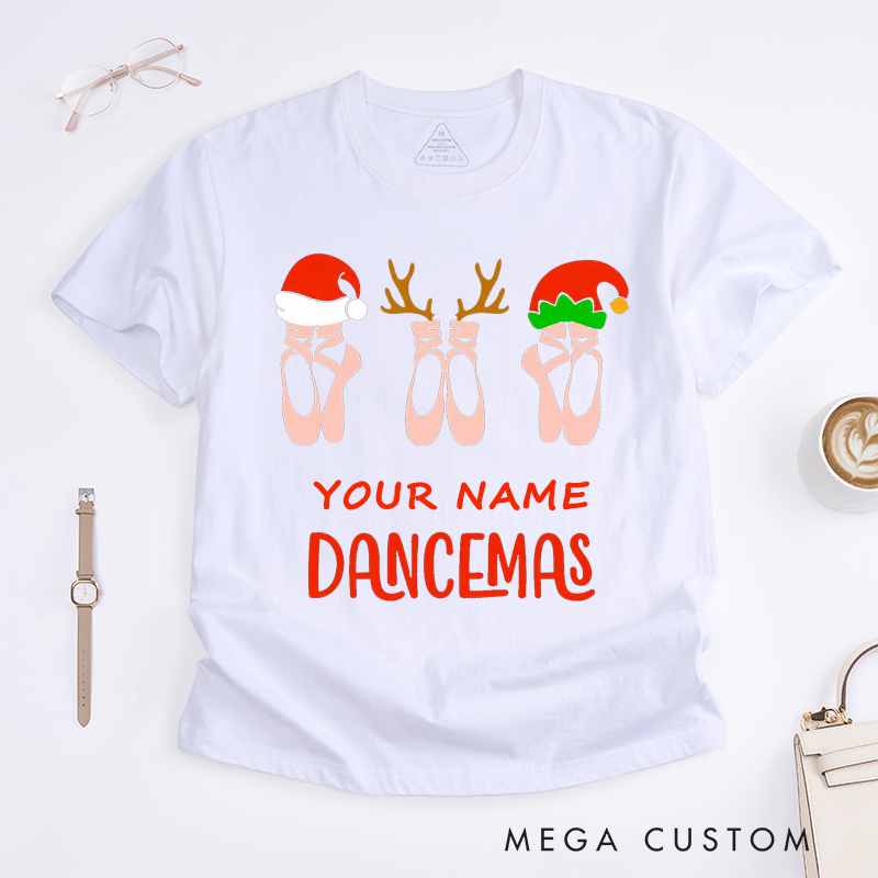 Personalized Ballet Christmas Dance Gift Womens T-Shirts Cute Dancemas Ballerina Xmas Custom Name Present for Dance Lovers