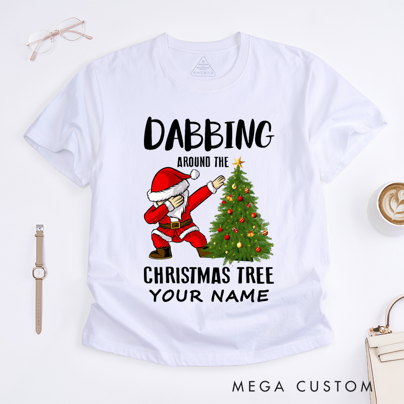 Personalized Dabbing Santa Christmas Tree T-Shirts Custom Name Funny Gift for Men Unique Xmas Party Tee for Dad Husband Boyfriend Friend Family