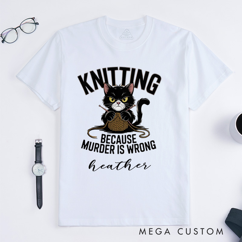 Personalized Funny Cat Knitting Classic T-Shirts Humorous Knitter Enthusiast Tee Knit T-Shirt Custom Gift 