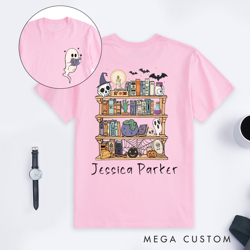 Personalized Ghost Book Reader Classic T-Shirts Halloween Library Shirt Halloween Reading Tee Book Lover Gift Skeleton Book Club Reading Shirts