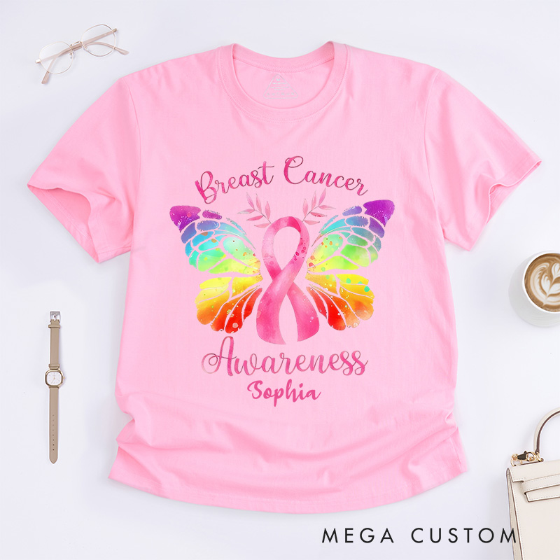 Personalized Pink Ribbon Butterfly Breast Cancer T-Shirt Survivor Ribbon Gift