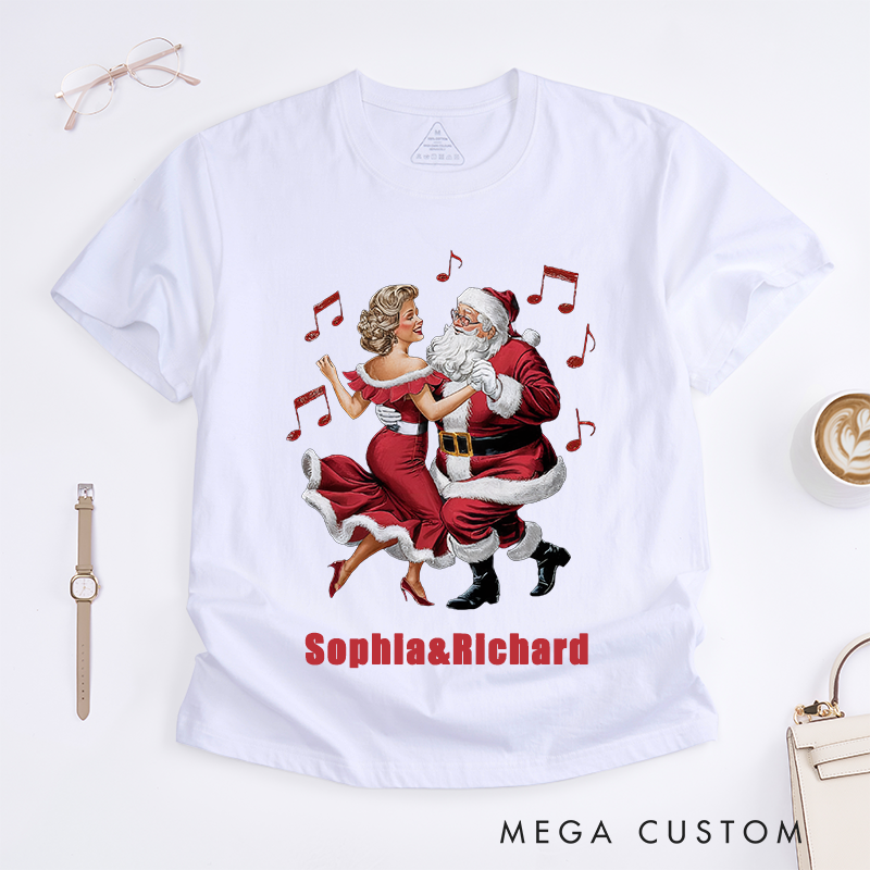 Personalized Dancing Santa Christmas T-Shirts Custom Name Retro Gift Unique Xmas Outfit for Men Women Friends Family Matching