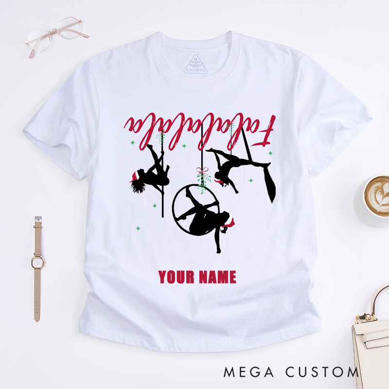 Personalized Pole Dance T-Shirts Gift for Dance Lovers Custom Name Santa Hat Silhouette Top for Women Unique Present