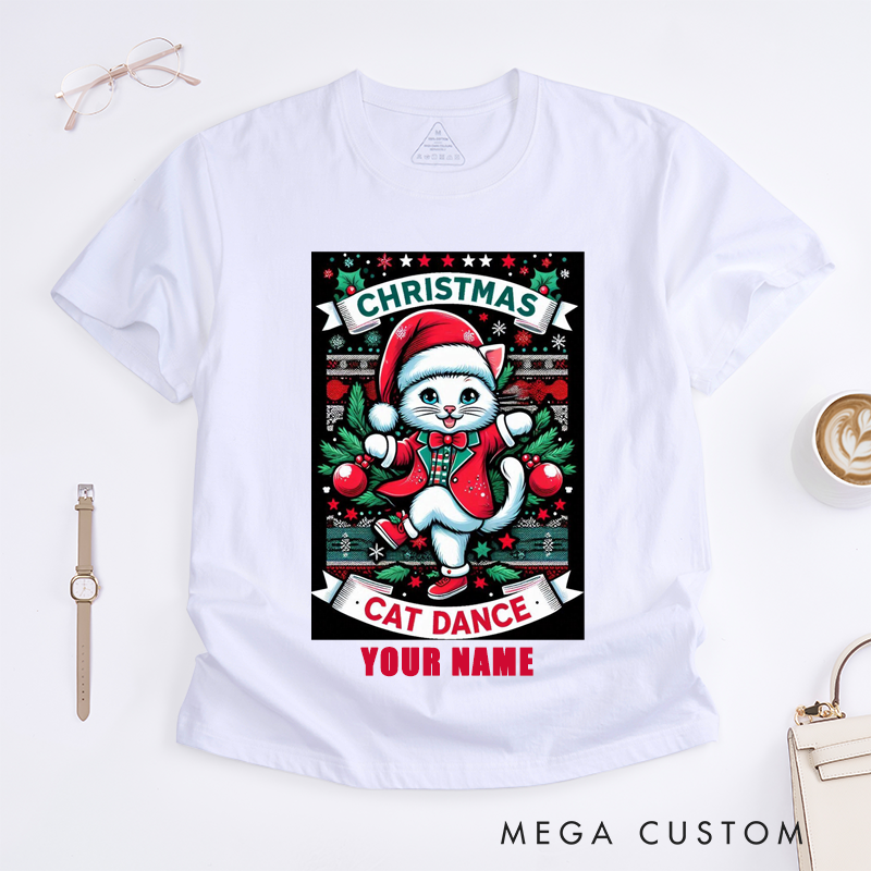 Personalized Christmas Cat T-Shirts Custom Name Cute Dancing Kitty Gift for Women Unique Dance Shirt for Family Matching Outfits