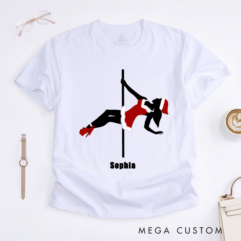 Personalized Pole Dance Silhouette T-Shirts Custom Name Gift for Women Santa Outfit Funny Dance Lover Present Unique Style