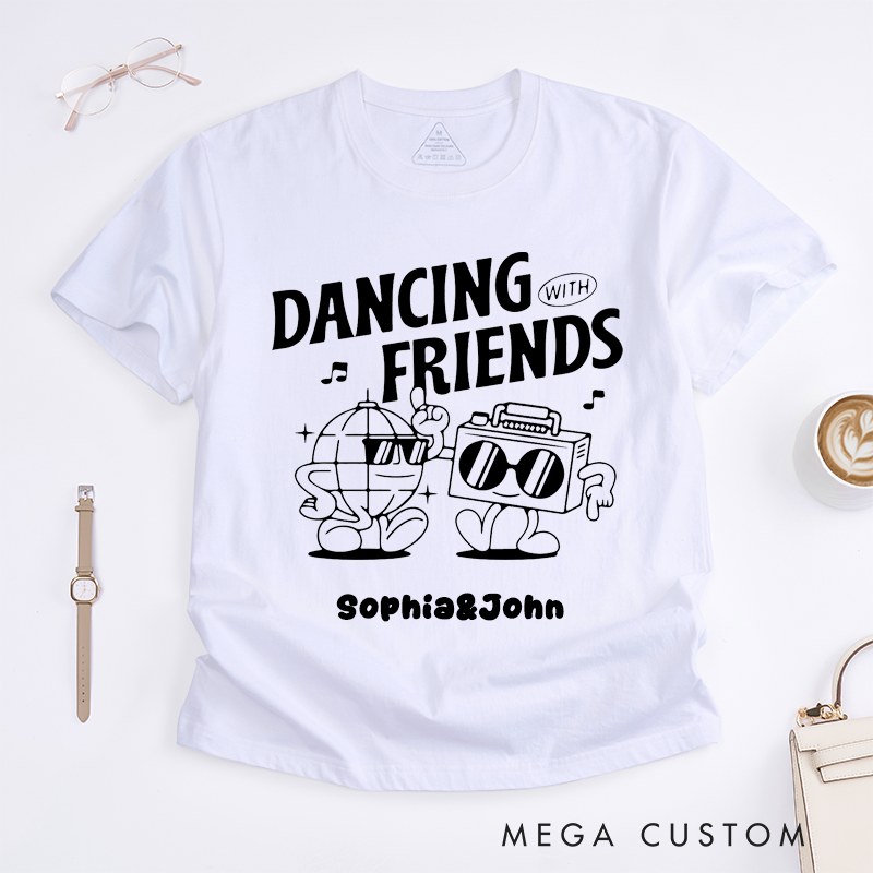 Personalized Dancing With Friends T-Shirts Custom Name Fun Cartoon Disco Ball and Boombox Graphic Gift for Dance Lovers Unisex Trendy Tee