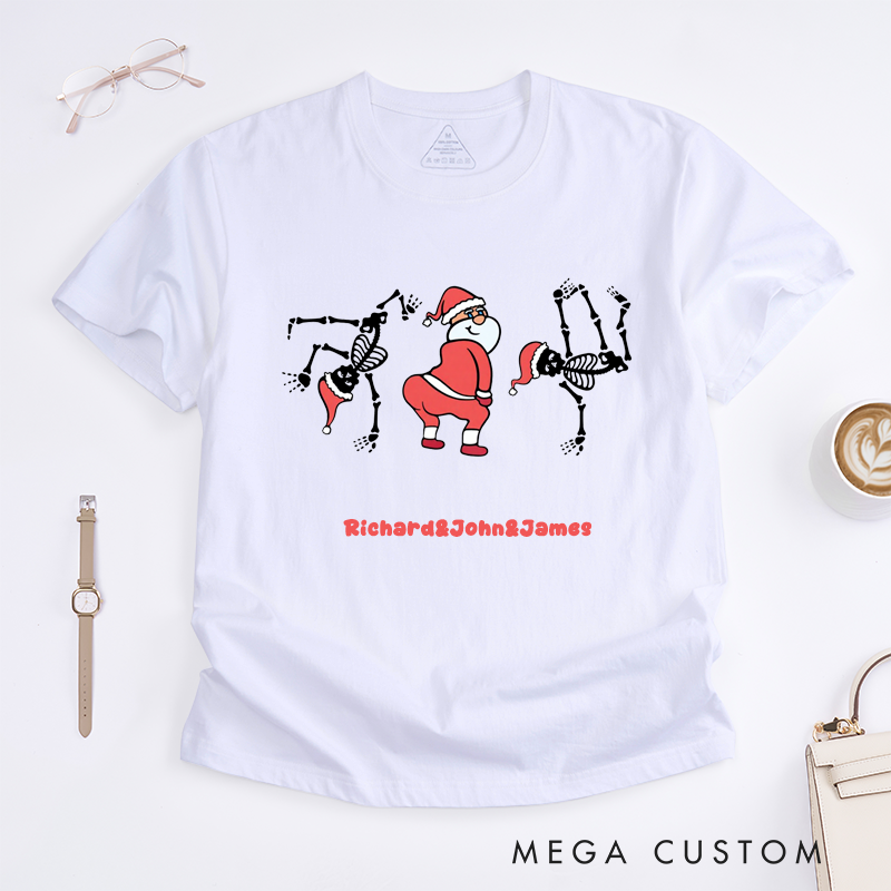 Personalized Funny Santa Skeleton Dance T-Shirts Unisex Custom Name Gift Humorous Family Matching Xmas Shirt for Men Women