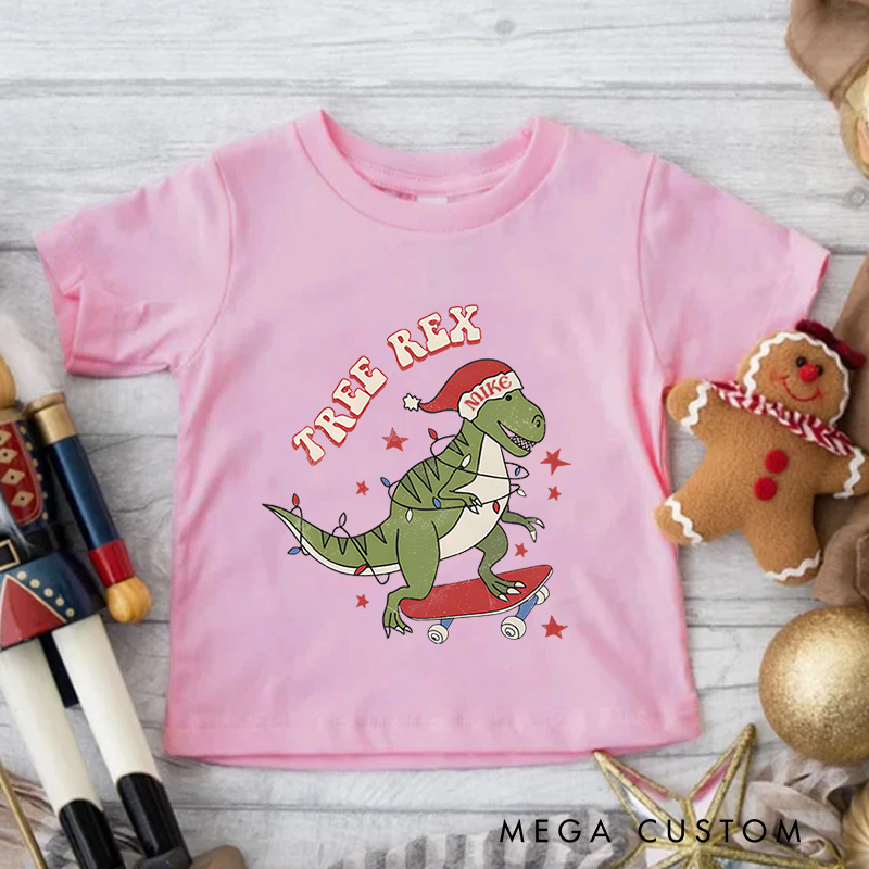 Personalized Tree Rex Retro Kids T-Shirt Cute Christmas Toddler Tee Holiday Natural Shirt