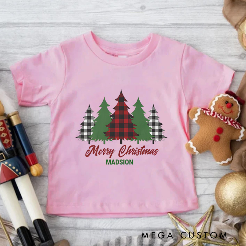 Personalized Rustic Red Plaid Merry Christmas Trees Kids T-Shirt