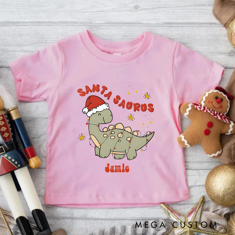 Personalized Cute Christmas Dinosaur Santasaurus Name Kids T-Shirt