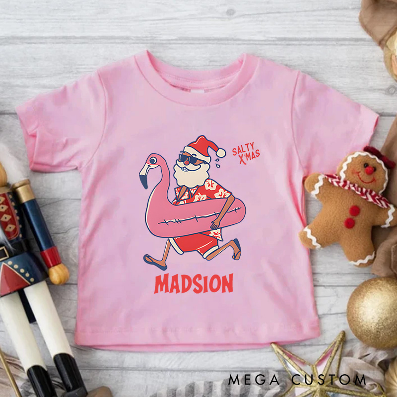 Personalized Mele Kalikimaka Santa Flamingo Christmas Getaways Kids T-Shirt
