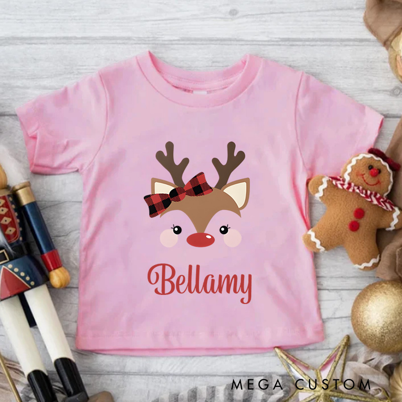 Personalized Cute Reindeer Plaid Bow Name in Red Christmas Kids T-Shirt