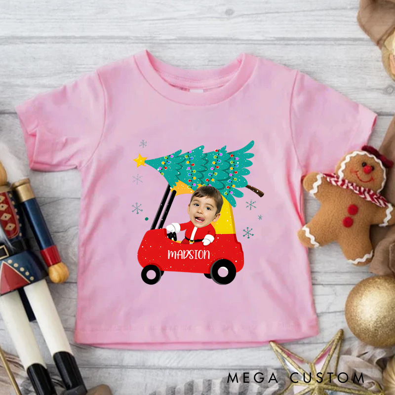 Personalized Red Car Christmas Kids Face with Photo T-Shirt 
