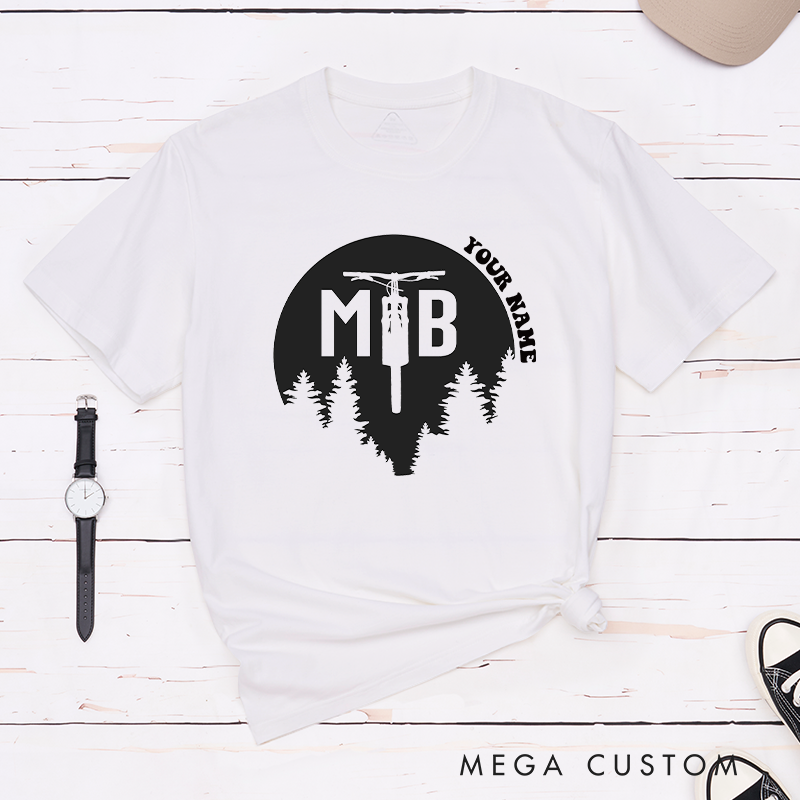 Personalized MTB Forest T-Shirt with Forest Silhouettes and a Fork Graphic for Outdoor Adventures Riding Cycling Biking Enthusiasts