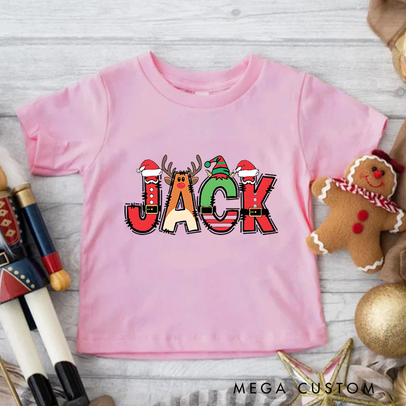 Personalized Christmas Name T-Shirt for Kids Toddler Christmas Tee Santa Reindeer and Elf Design