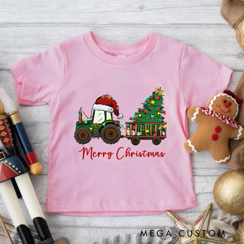 Personalized Christmas Tree Tractor Toddler T-Shirt Christmas Farm Life Tee Xmas Kids Gift