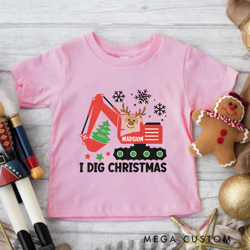 Personalized I Dig Christmas Cute Red Construction Vehicle Reindeer Tree Christmas Excavator Kids T-Shirt