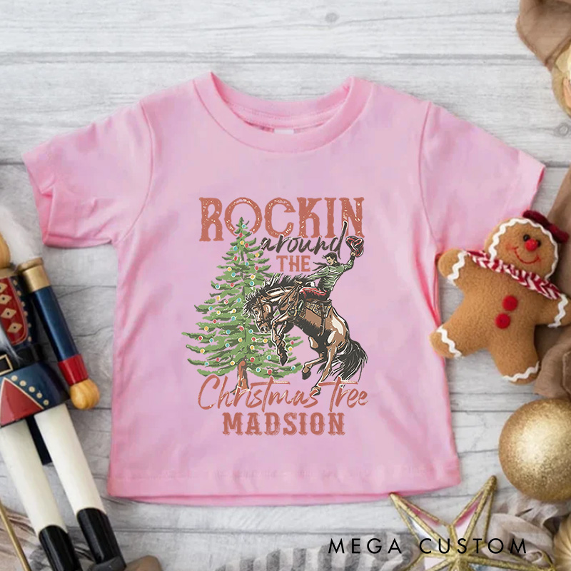 Personalized Western Rodeo Christmas Kids T-Shirt Retro Rocking Around The Christmas Tree Bucking Horse Holiday Outfit 