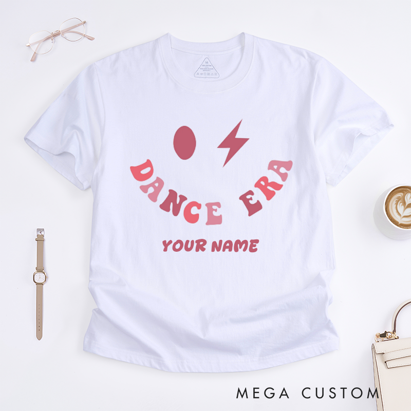 Personalized Dance Era Graphic T-Shirts Retro Smile Face Custom Name Gift for Women Unique Trendy Lightning Print Casual Top for Dancer Stylish Present