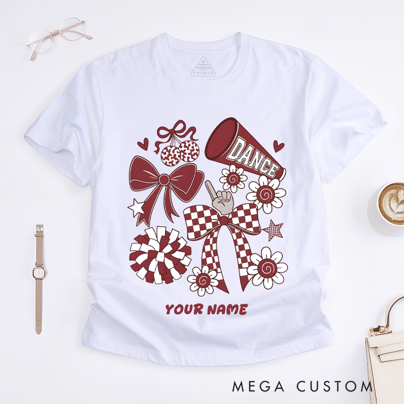 Personalized Dance Cheerleading T-Shirts for Girls Custom Name Cheer Squad Team Spirit Gift Unique Pom Pom Bow Flower Design for Dance Lovers