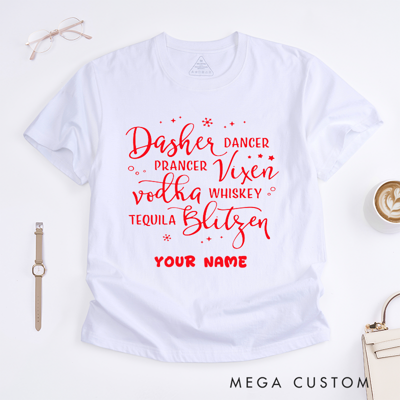 Personalized Funny Reindeer Names Christmas T-Shirts Custom Name Drinking Themed Tee Gift for Women Humorous Vodka Whiskey Tequila Dance Lovers