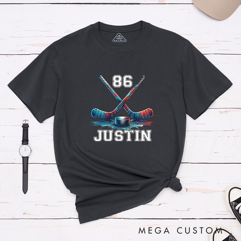 Personalized Ice Hockey T-Shirt with Crossed Sticks and Custom Name  